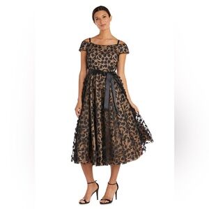 R&M Richards Black Floral Applique Midi Dress with Satin Waist Tie